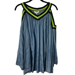 Crown & Ivy Denim Blue Blouse with Neon Green Trim cold shoulder style